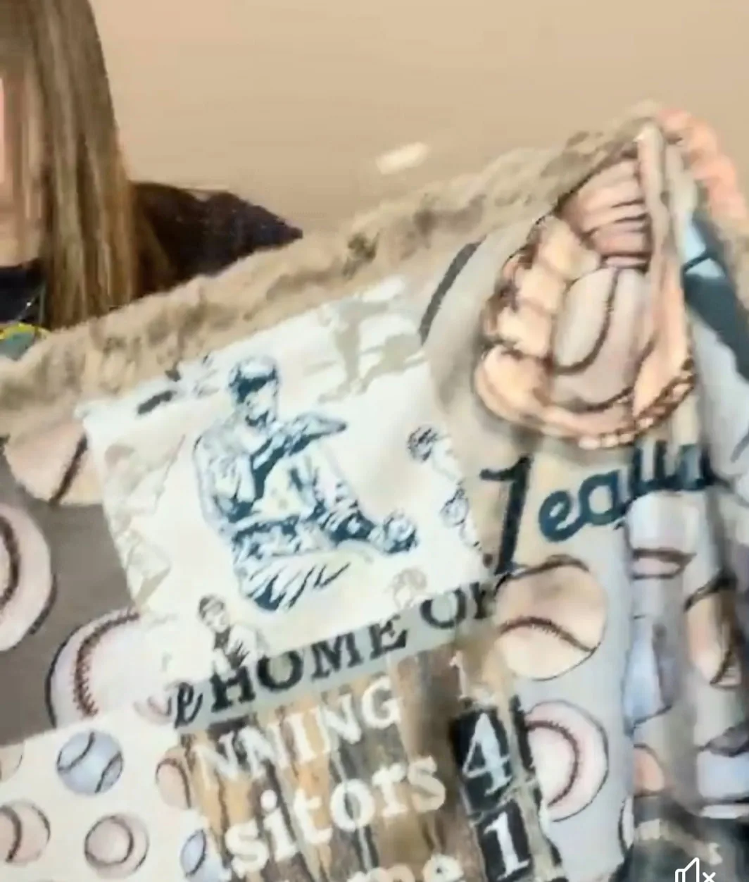 Baseball Blanket made of minky printed with Aaron Christensen's fabric design.