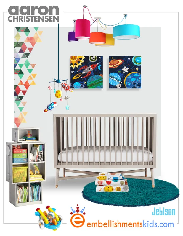 Boys Space themed nursery ideas by Aaron Christensen.  Featuring wall art and decor for a planet, stars and solar system themed room.