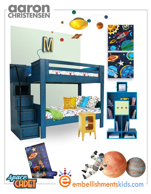 Find ideas for a planets, space and robots bedroom for boys, in this mood board by Aaron Christensen.  It features his wall art and decor.