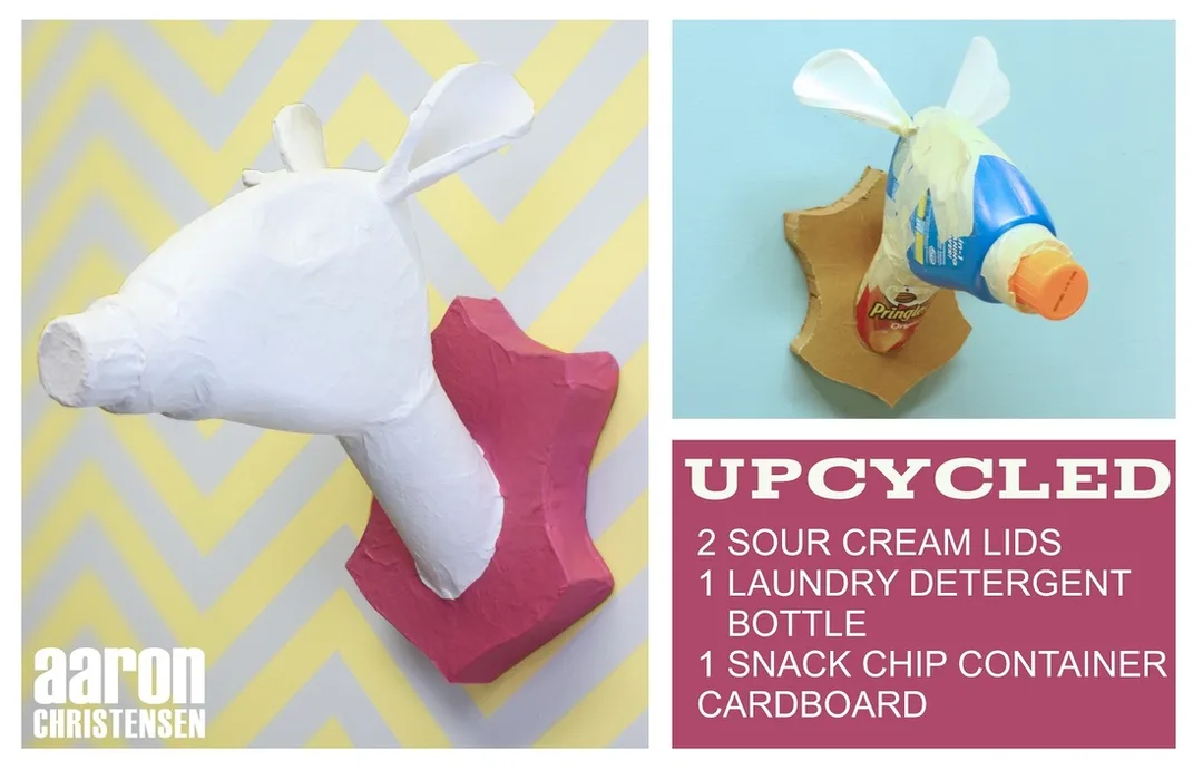 Upcycled plastic and trash become a Giraffe taxidermy head mount.  Ideal idea for kids crafts.