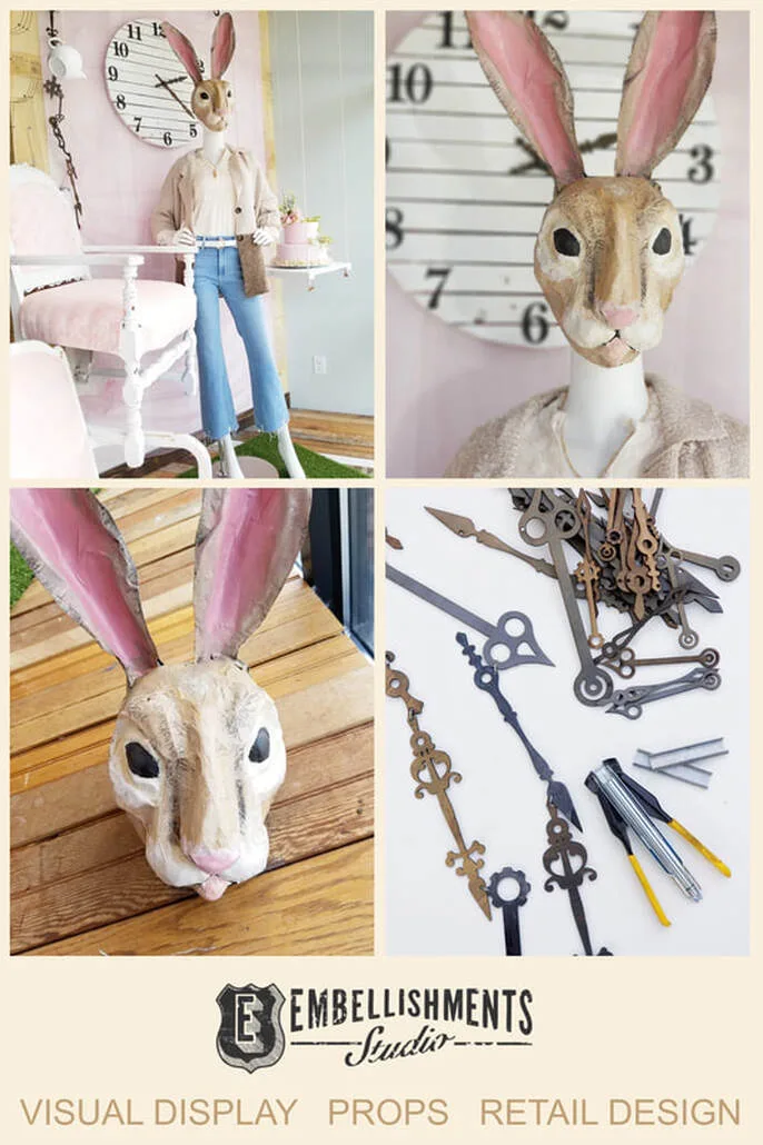Wonderland Spring Window Display featuring Rabbit Hare Paper Mache Mask and props by Embellishments Studio's Aaron Christensen