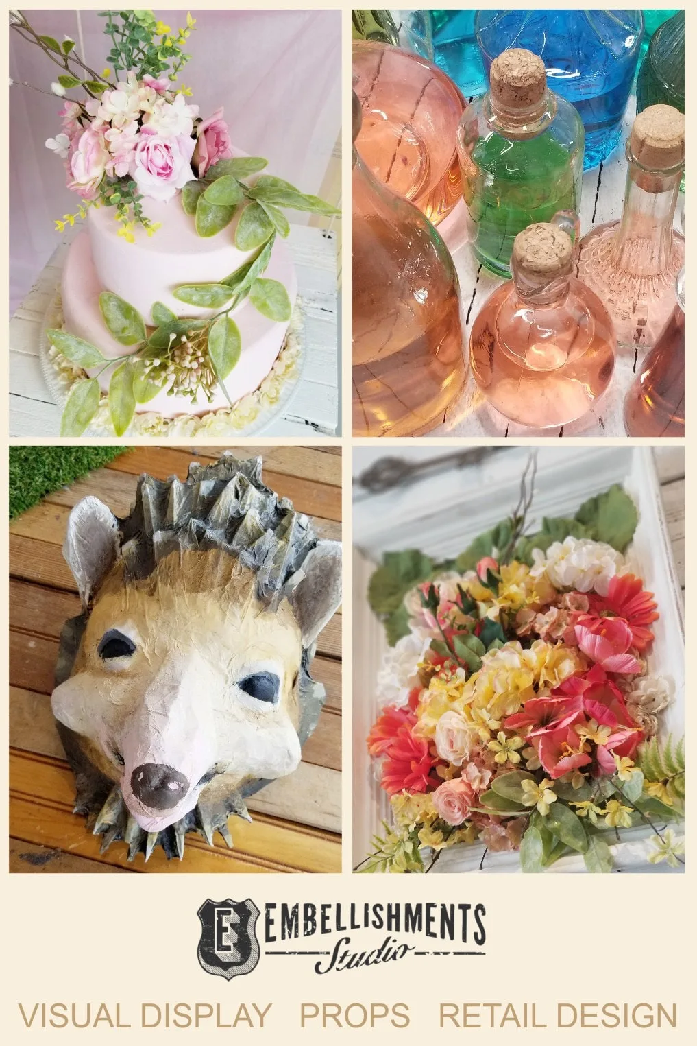 Wonderland Spring Garden Party Display featuring Eat Me, Drink Me props and paper mache animals masks by Aaron Christensen of Embellishments Studio 
