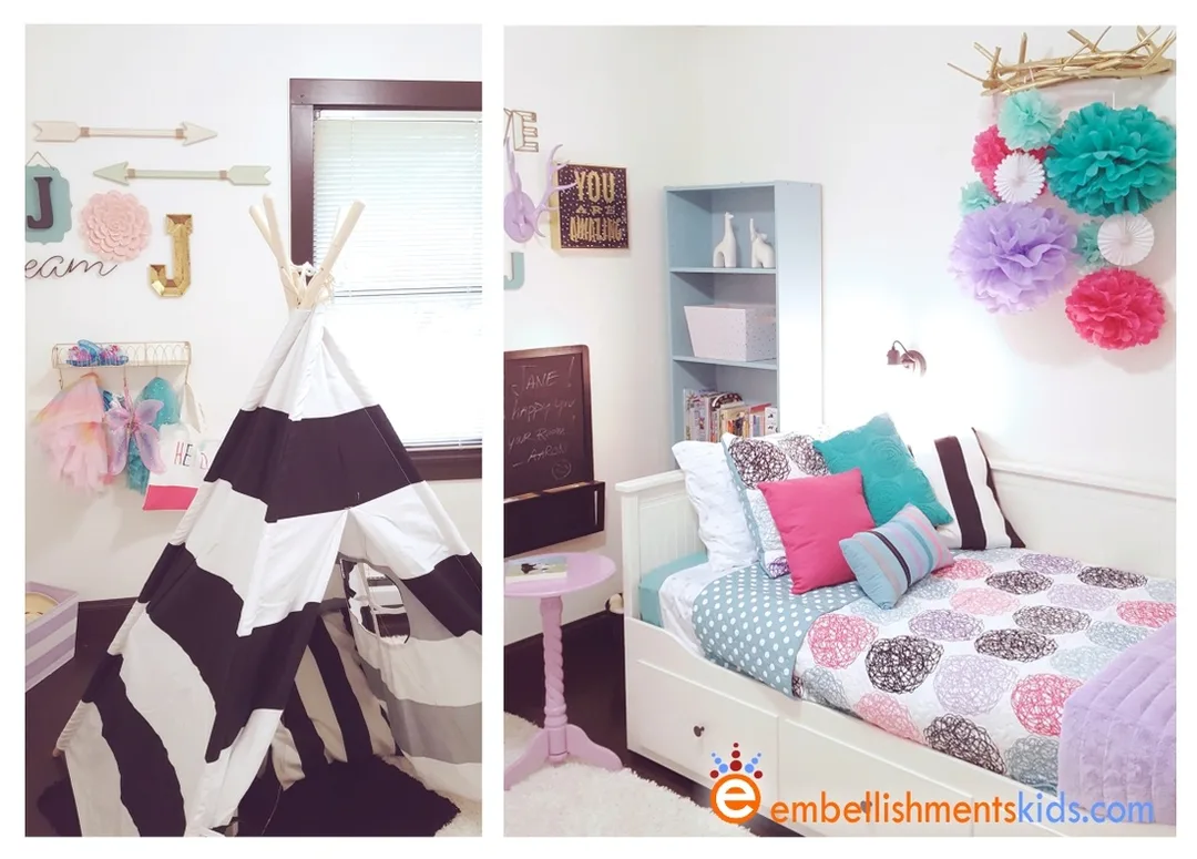 A girls bedroom striking the balance between budget friendly and fantastic.  Kids room designer Aaron Christensen's fast and furious surprise bedroom.