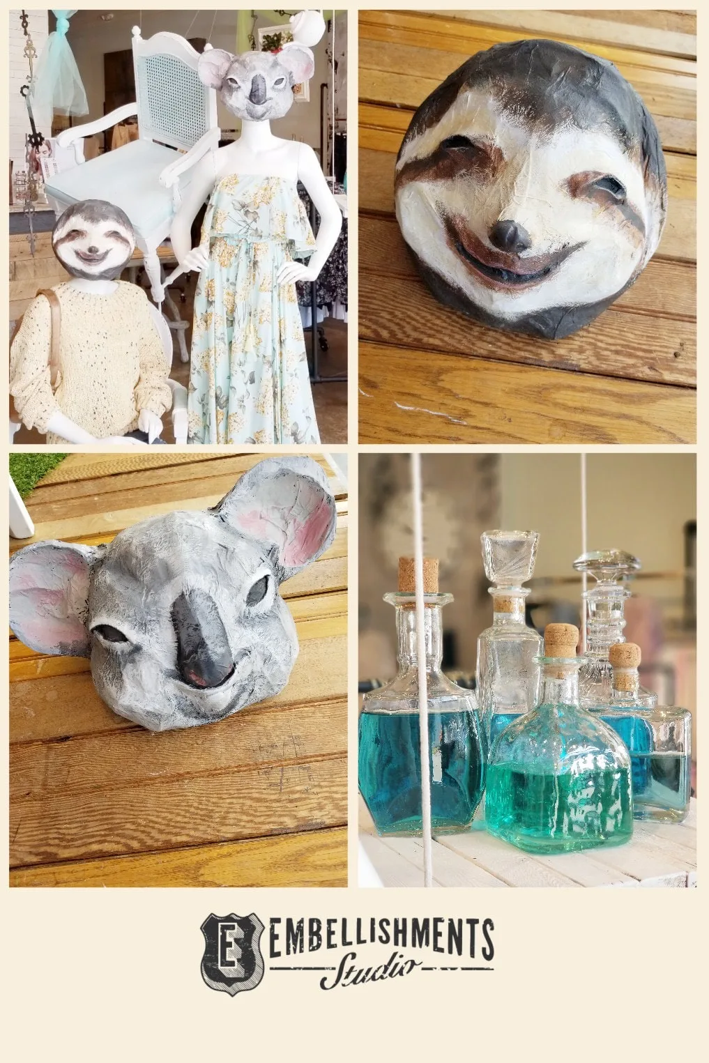 Sloth and Koala Paper Mache Masks as part of a Wonderland Store Display by Embellishments Studio / Aaron Christensen