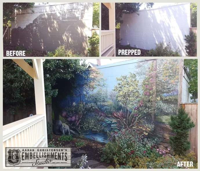 Garden mural to cover ugly exterior wall.  Handpainted by Aaron Christensen EmbellishmentsStudio.com