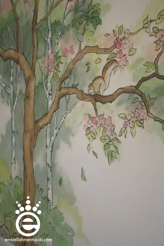 Forest Tree Mural for a baby girls nursery painted by Aaron Christensen EmbellishmentsKids.com