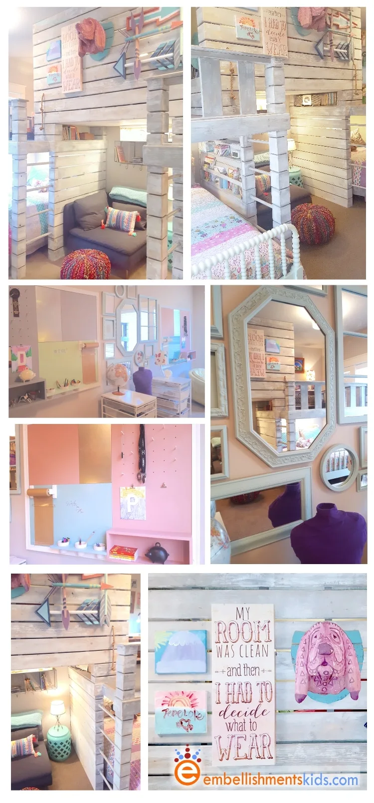Shared bedroom for twin girls.  Loft, fort, reading nook with room for two double beds by Aaron Christensen Embellishmentskids.com