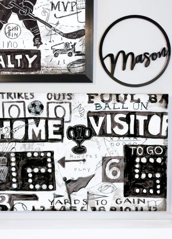 Sports Art Gallery Wall featurings a scoreboard, acrylic name plaque and other art by Aaron Christensen