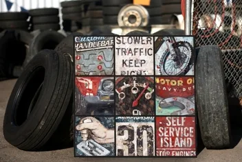 Race Inspired Transportation Wall Art by Aaron Christensen.  The piece features vintage and graphic appeal perfect for boy's rooms, teen spaces and man caves.  Made in the USA.