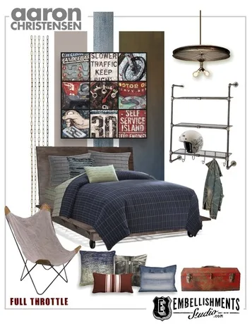 Mx, Motorcycle, Race Car and Auto Ephemera Mood Board with ideas for Boy's, Teens and Men. Featuring wall art by Aaron Christensen
