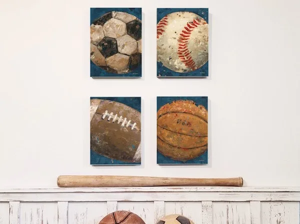 Vintage Sports Wall Art Collection featuring Football, Basketball, Soccer and Baseball by Aaron Christensen.  Perfect for the nursery, boys room and for sport themed decor  interior design.